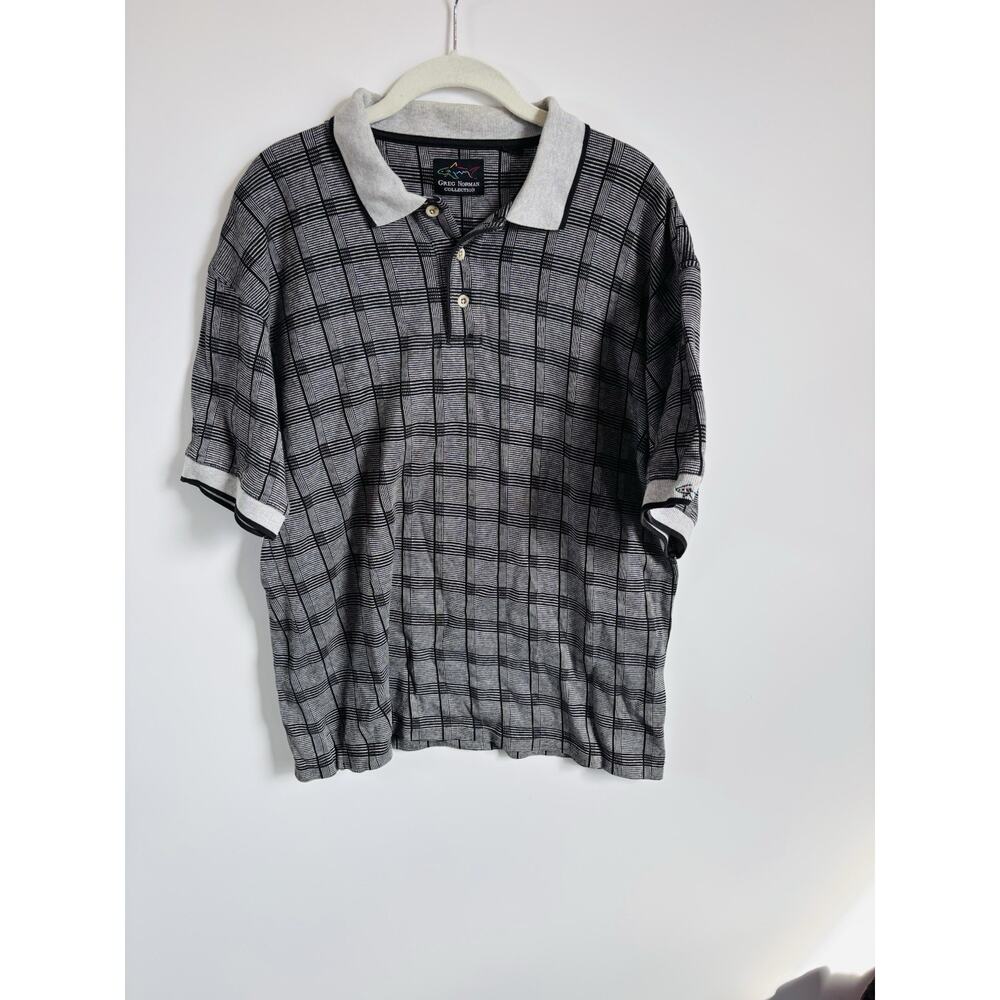 Greg Norman Polo Shirt Men's Medium Gray Short Sleeve Black Checkered Golf